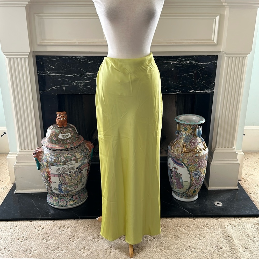 NWOT “LIFE” satin chartreuse maxi skirt